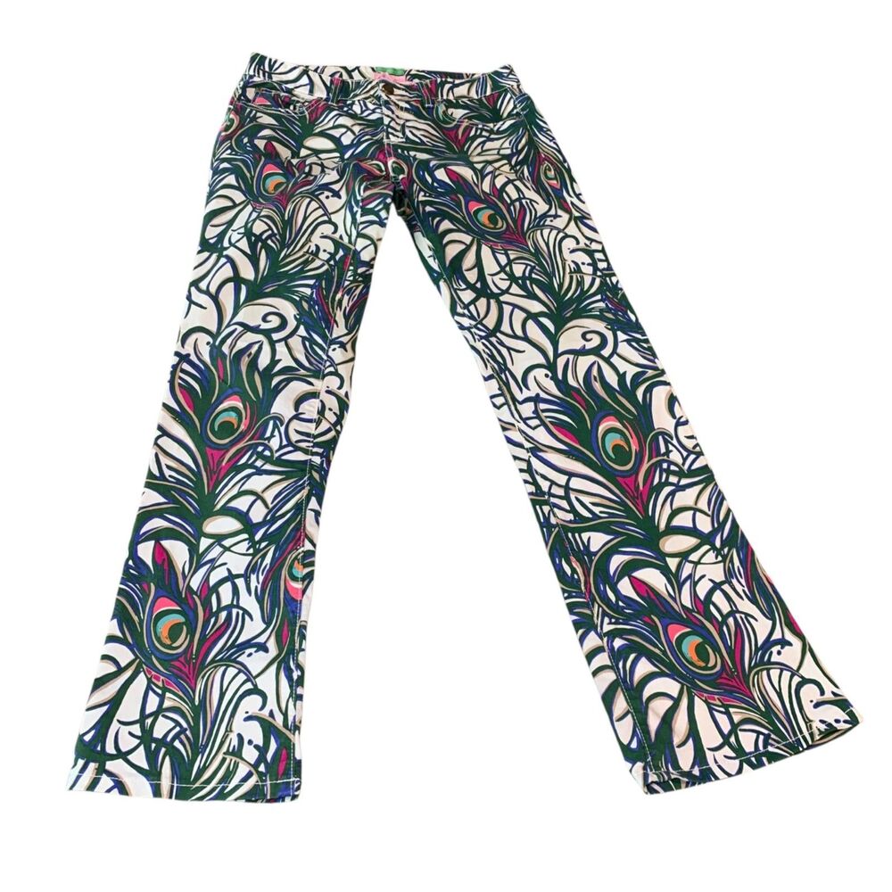 Lilly Pulitzer Womens Green Peacock Straight Leg Pants 4 Preppy Resort Vacation